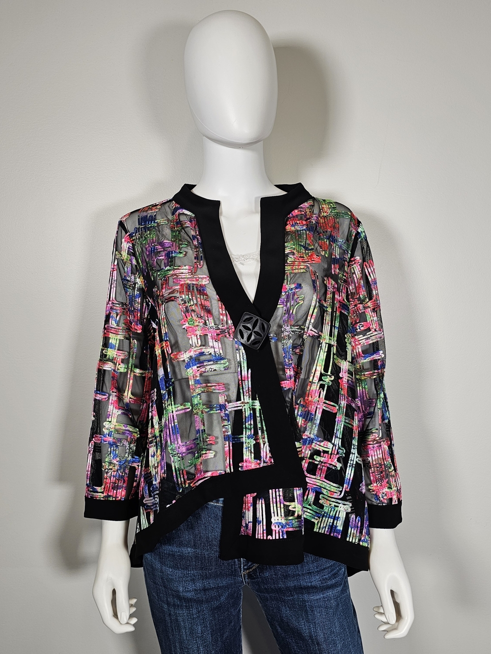 Joseph Ribkoff Black Multicolor Abstract Print Open Front Cardigan Sz L